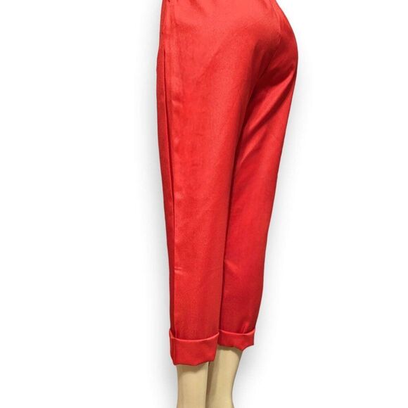 Red Button Down Lightweight Cotton Tapered Crop Trouser Pants - NEW - Picture 3 of 3